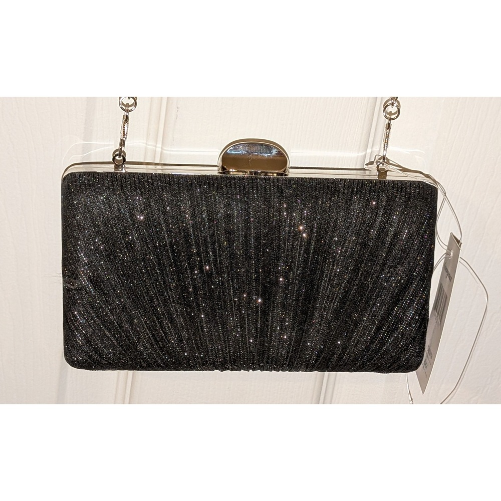 D'margeaux‎ Black Glitter Pleated Evening Clutch Bag Silver Chain YG92281B NEW